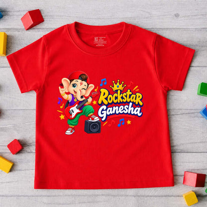 Rock Start Ganesha Kids T-Shirt | Ganpati Design Red T-Shirt