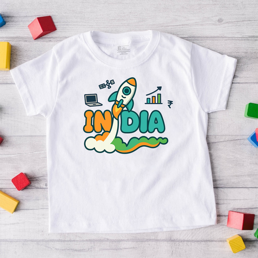 Independance Day INDIA Rocket Design with customised name in back _White Tee
