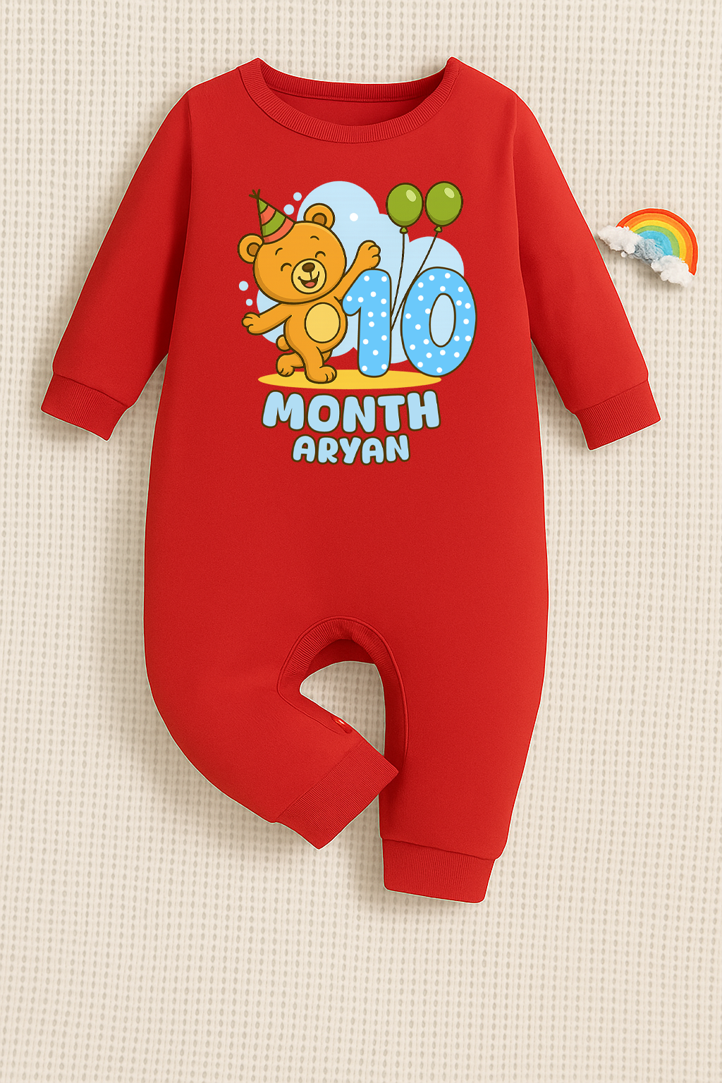 Infant monthly birthday Baby Bear With Customized Baby Name _ Full Red Romper