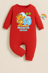 10th Infant monthly birthday Baby Bear With Customized Baby Name _ Full Red Romper
