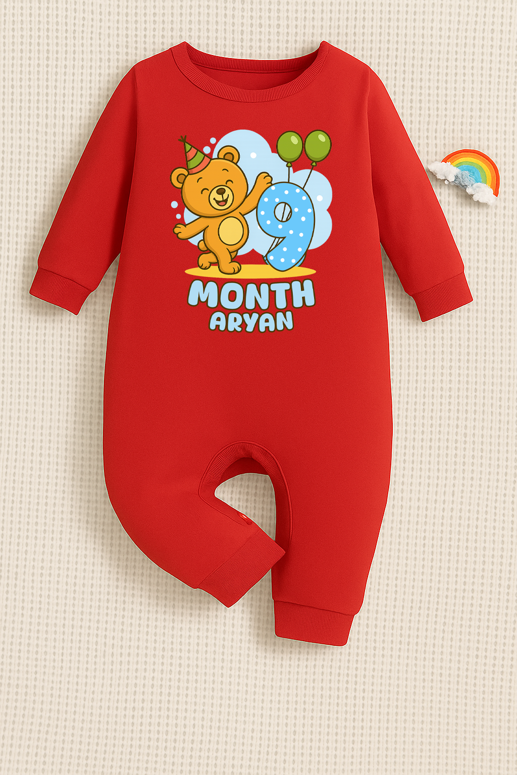 Infant monthly birthday Baby Bear With Customized Baby Name _ Full Red Romper