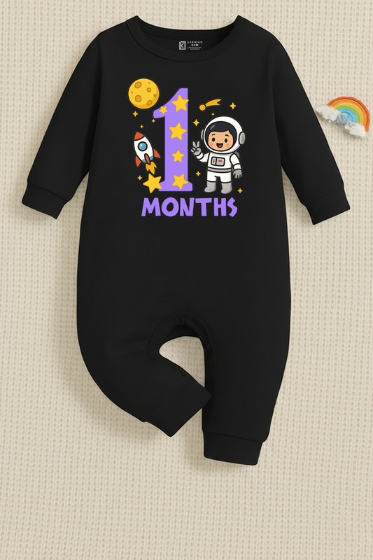 1st Infant monthly birthday Combo with customized name Space Astronaut 12 Months of Love_ Black Full onesies