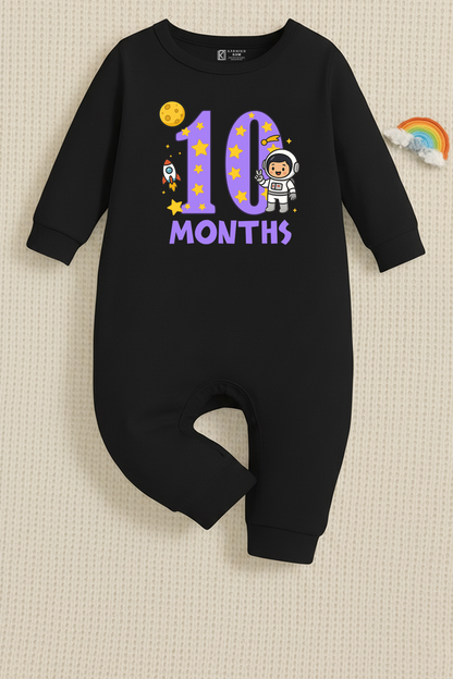Infant monthly birthday Combo with customized name Space Astronaut 12 Months of Love_ Black Full onesies