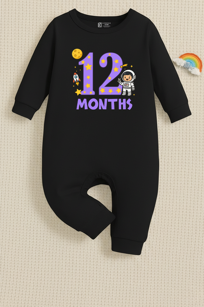 Infant monthly birthday Combo with customized name Space Astronaut 12 Months of Love_ Black Full onesies