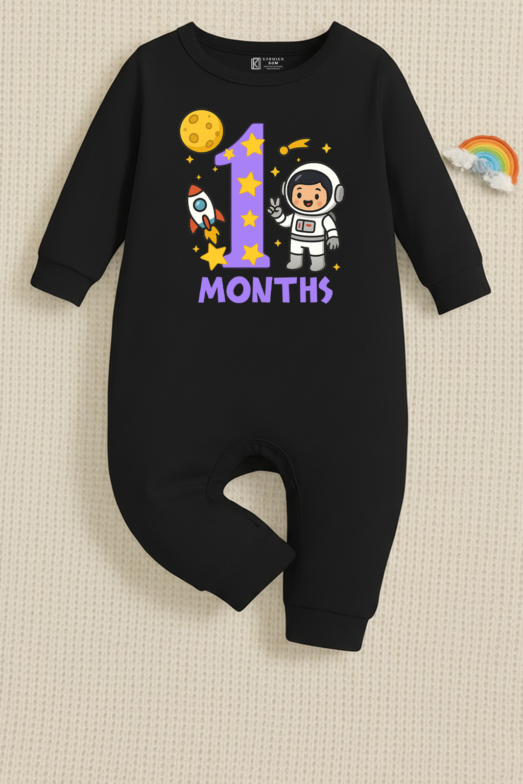 Infant monthly birthday Combo with customized name Space Astronaut 12 Months of Love_ Black Full onesies