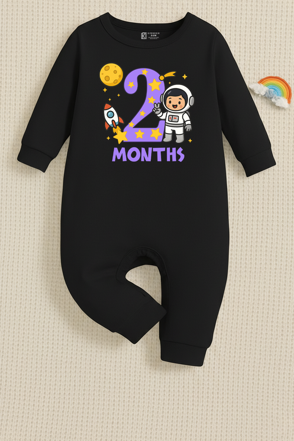 Infant monthly birthday Combo with customized name Space Astronaut 12 Months of Love_ Black Full onesies