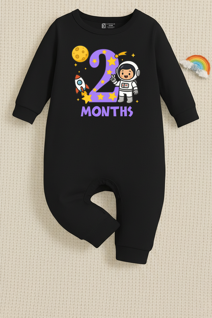 Infant monthly birthday Combo with customized name Space Astronaut 12 Months of Love_ Black Full onesies