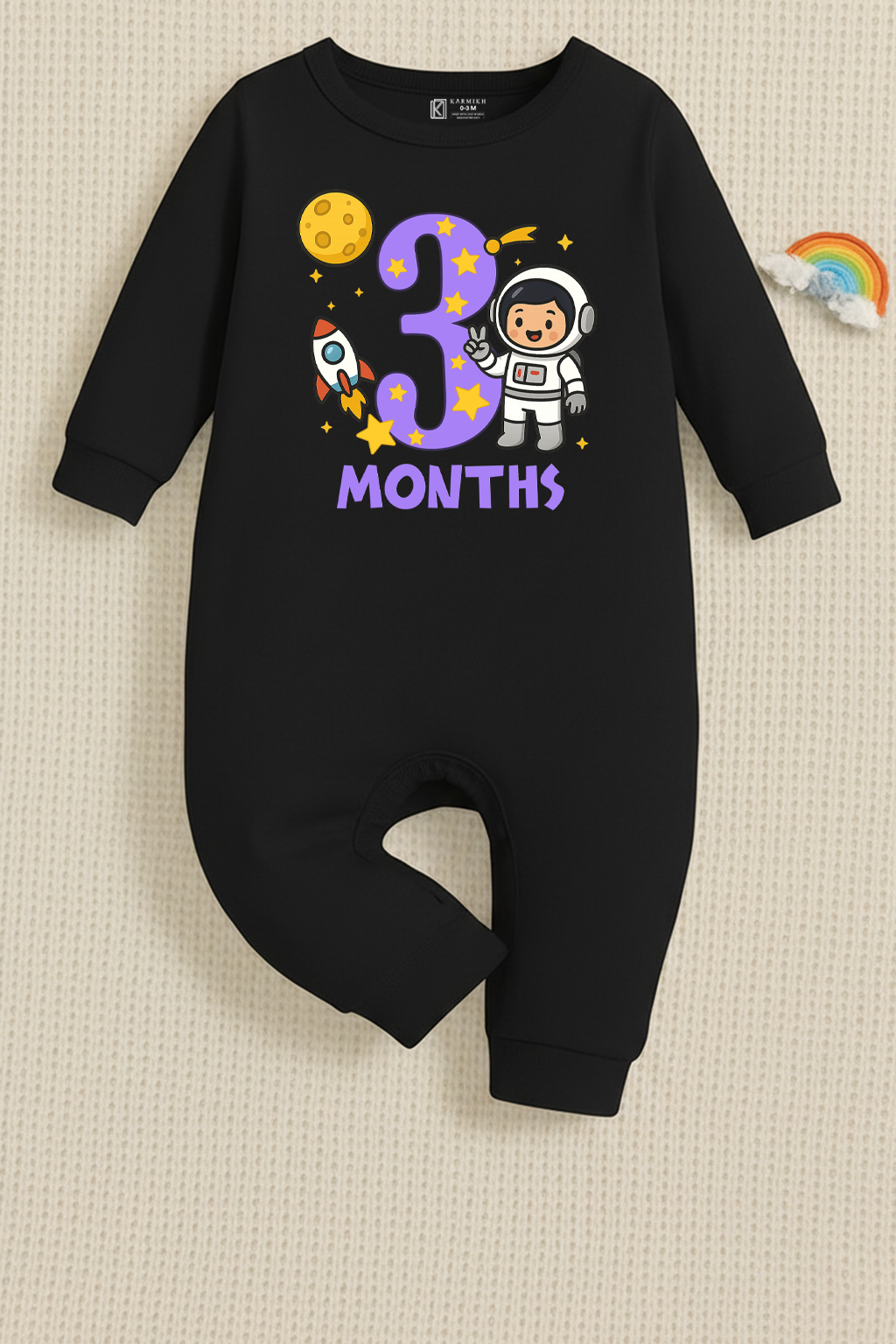 Infant monthly birthday Combo with customized name Space Astronaut 12 Months of Love_ Black Full onesies