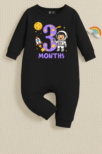 Infant monthly birthday Combo with customized name Space Astronaut 12 Months of Love_ Black Full onesies