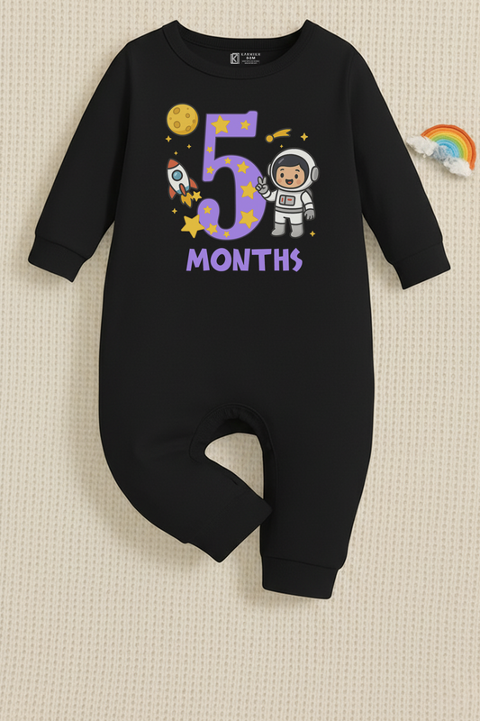 5th Infant monthly birthday Combo with customized name Space Astronaut 12 Months of Love_ Black Full onesies
