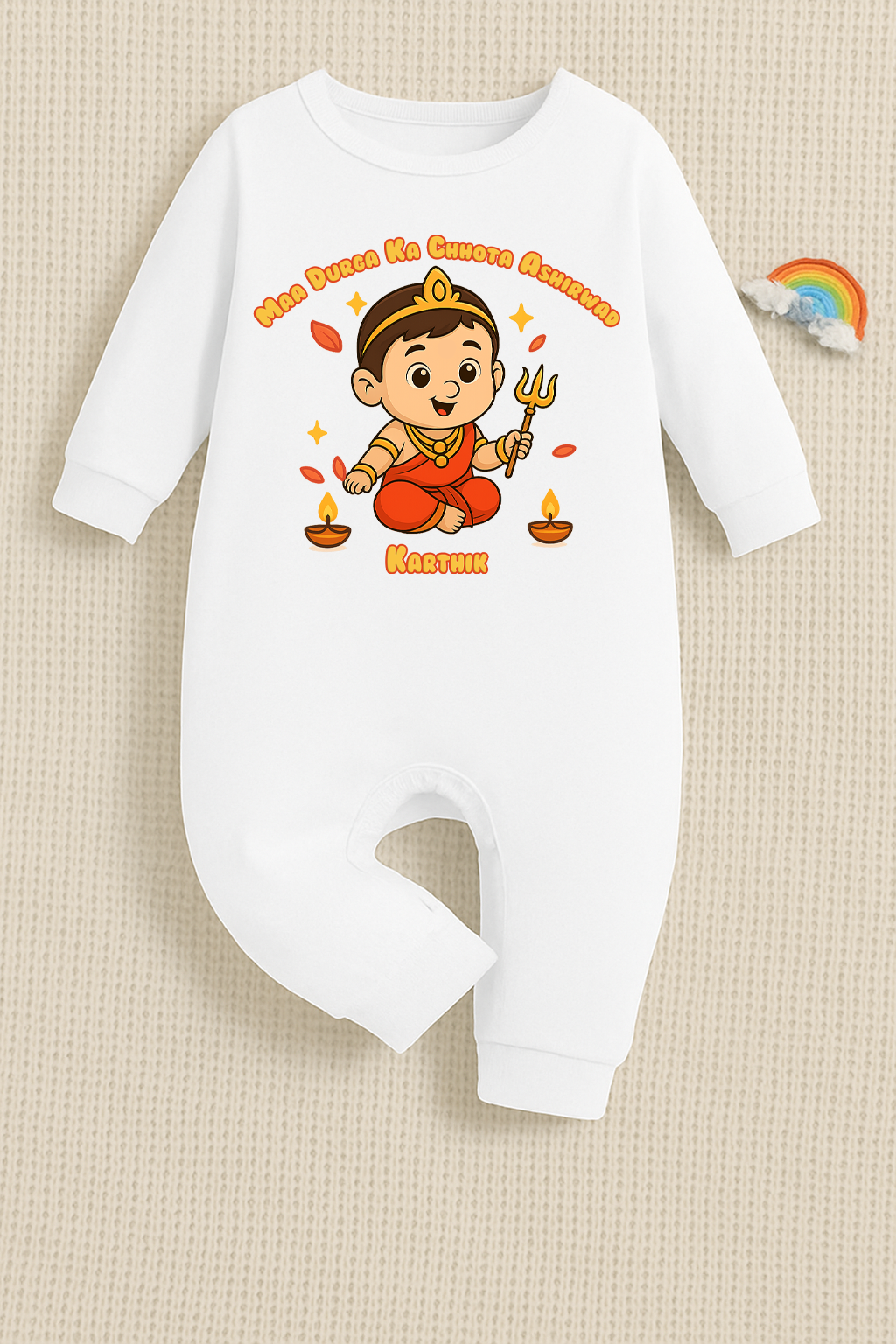 Maa Durga Ka Chhota Ashirwad with Customized Baby Boy Name _ Full White Romper