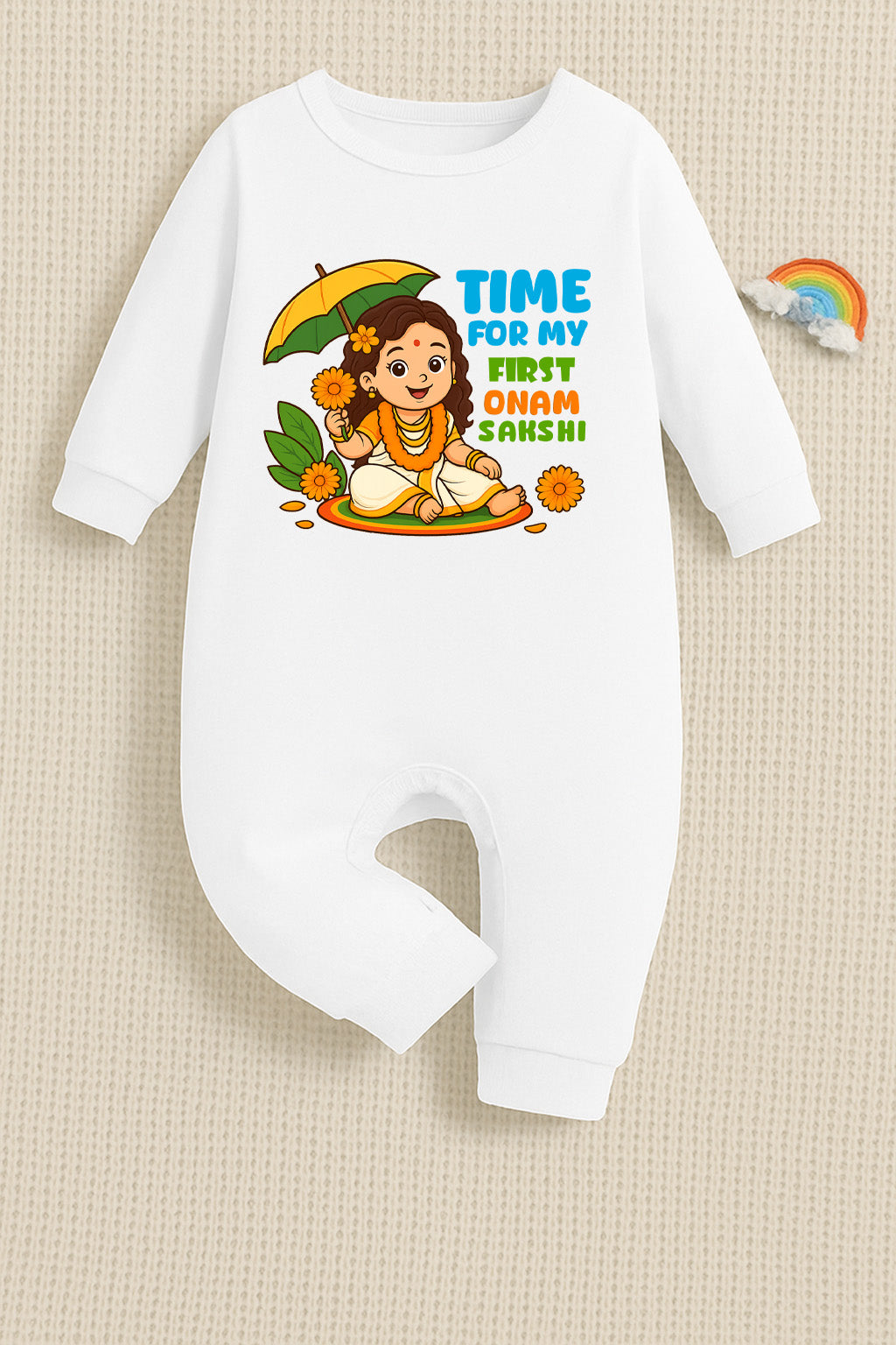 Time For My First Onam with Customised Baby Girl Name_ White Full Romper