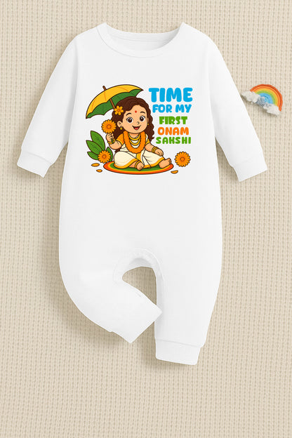 Time For My First Onam with Customised Baby Girl Name_ White Full Romper