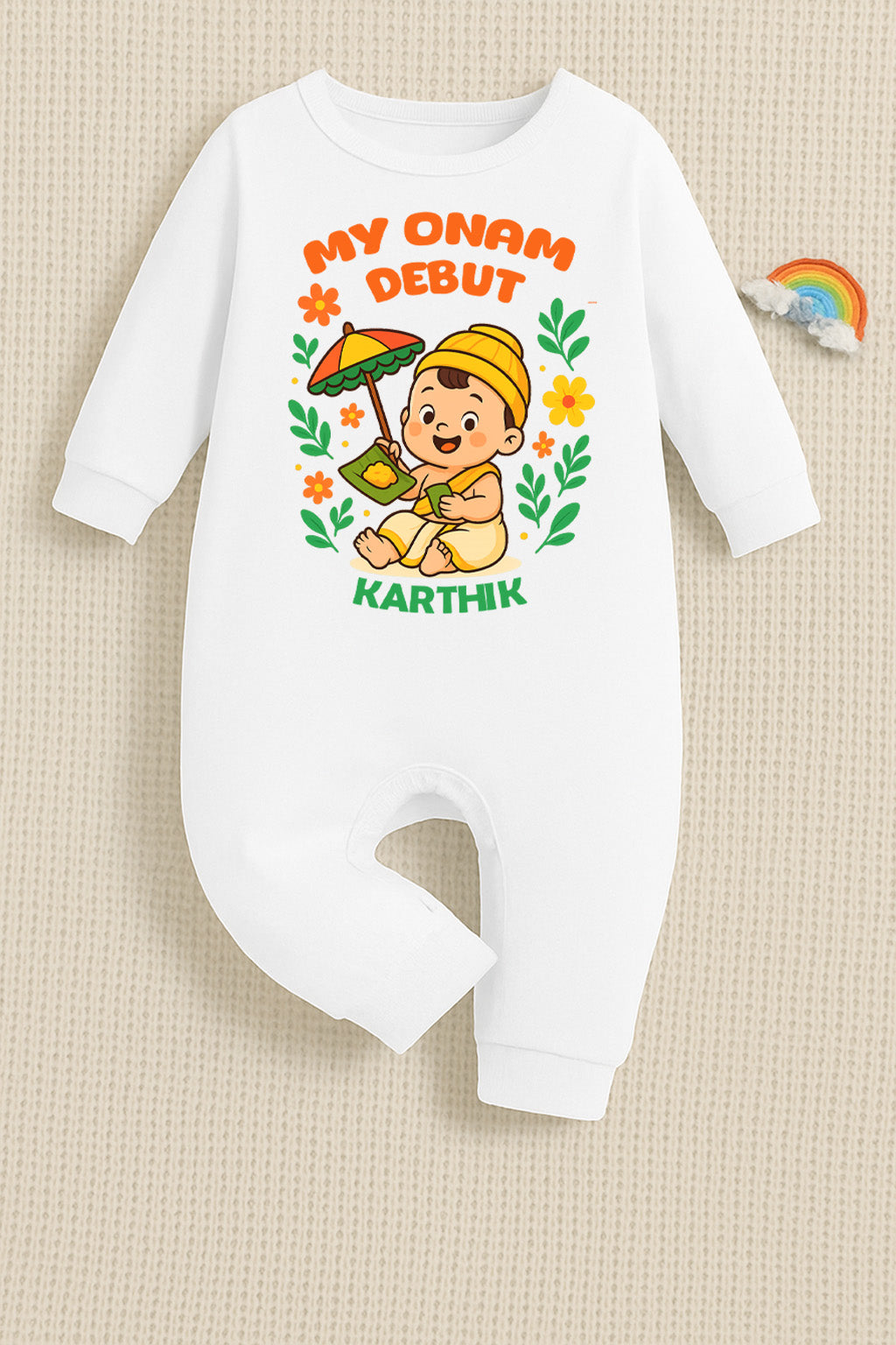 My First Onam Debut With Customised Baby Boy Name_ White Full Romper
