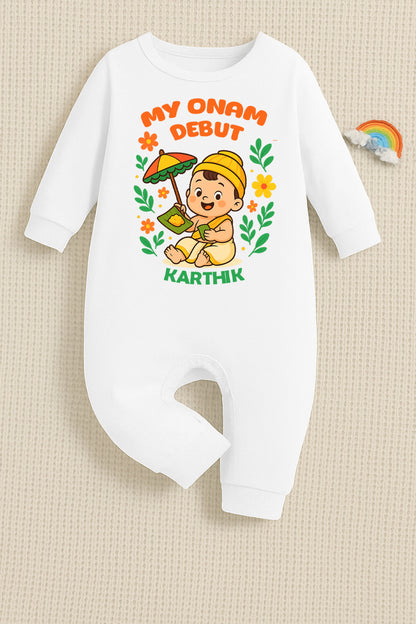 My First Onam Debut With Customised Baby Boy Name_ White Full Romper