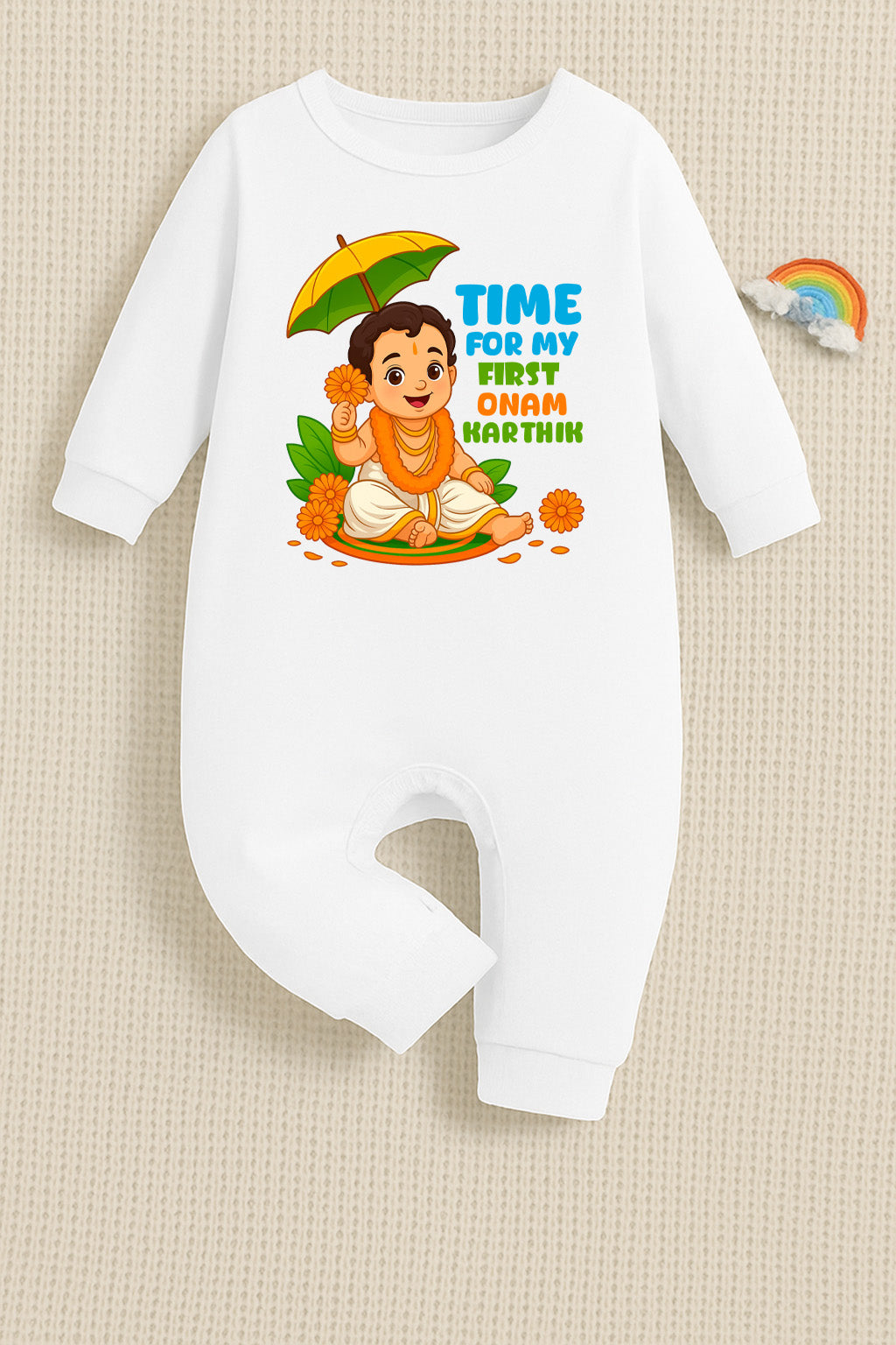 Time For My First Onam With Customised Baby Boy Name_ White Full Romper
