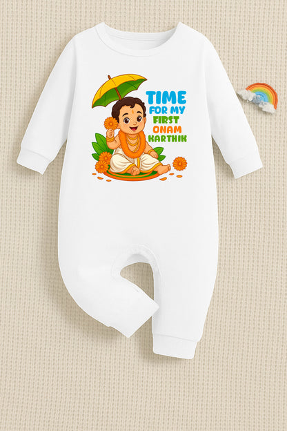Time For My First Onam With Customised Baby Boy Name_ White Full Romper
