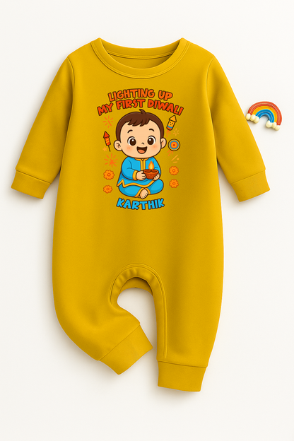 Lighting Up My First Diwali  With Customized Baby Name _ Full Yellow Romper