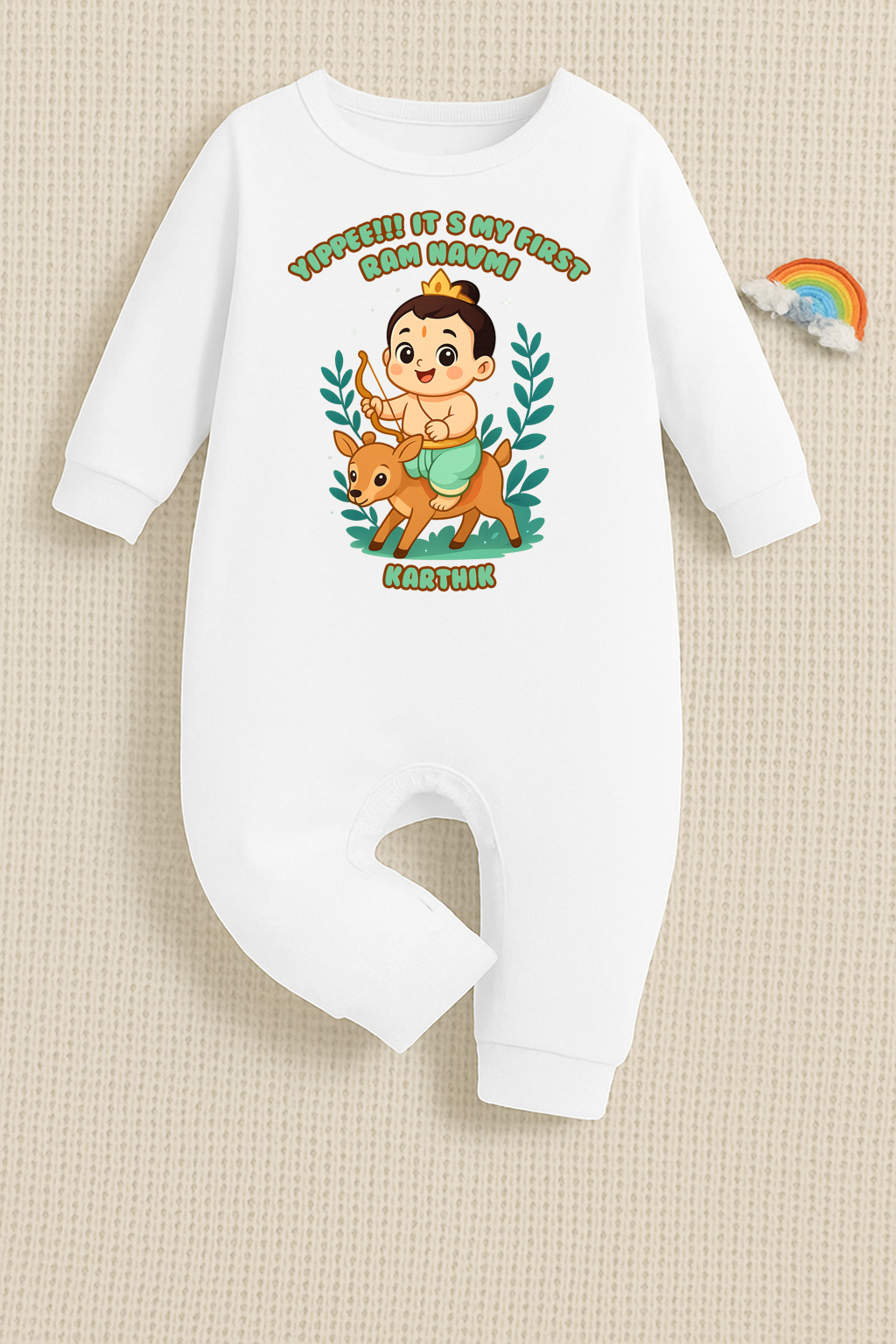 Yipee It's My  First Ram Navami With Customized Baby Boy Name _ Full White Romper