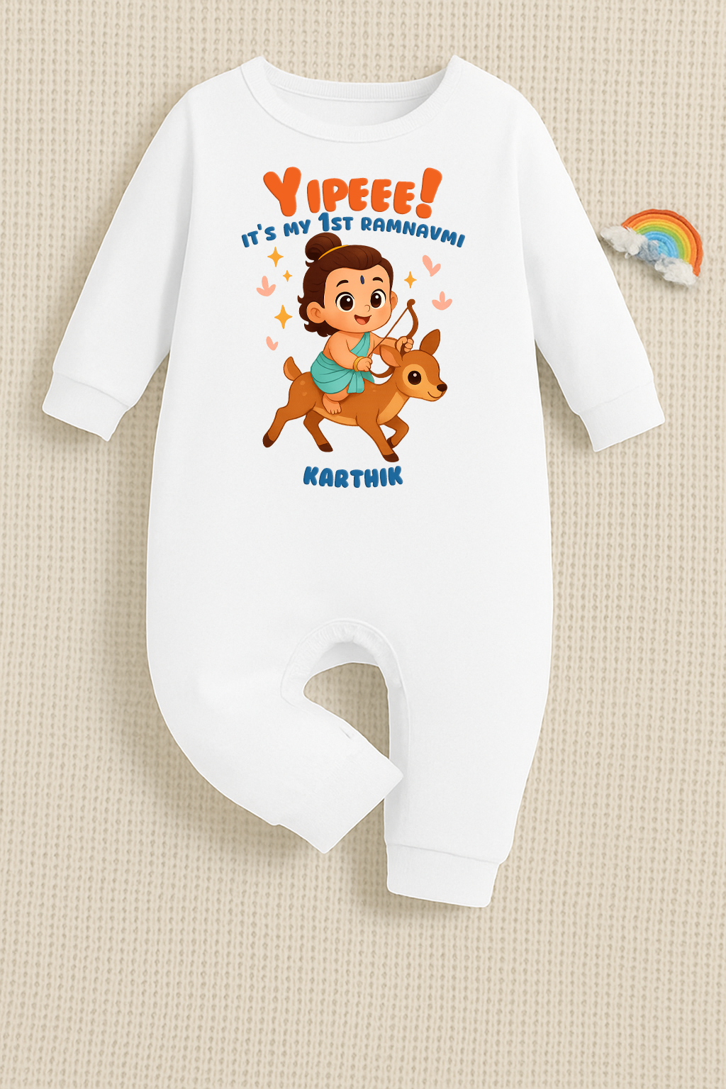 Yipee It's My  First Ram Navami With Customized Baby Boy Name _ Full White Romper