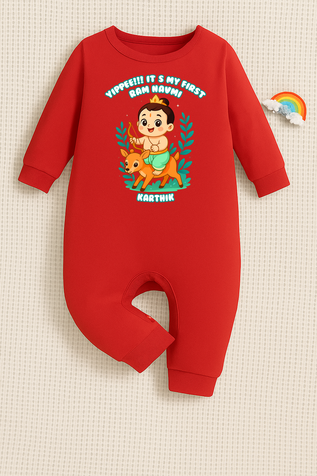 Yipee It's My First Ram Navami With Customized Baby Boy Name _ Full Red Romper